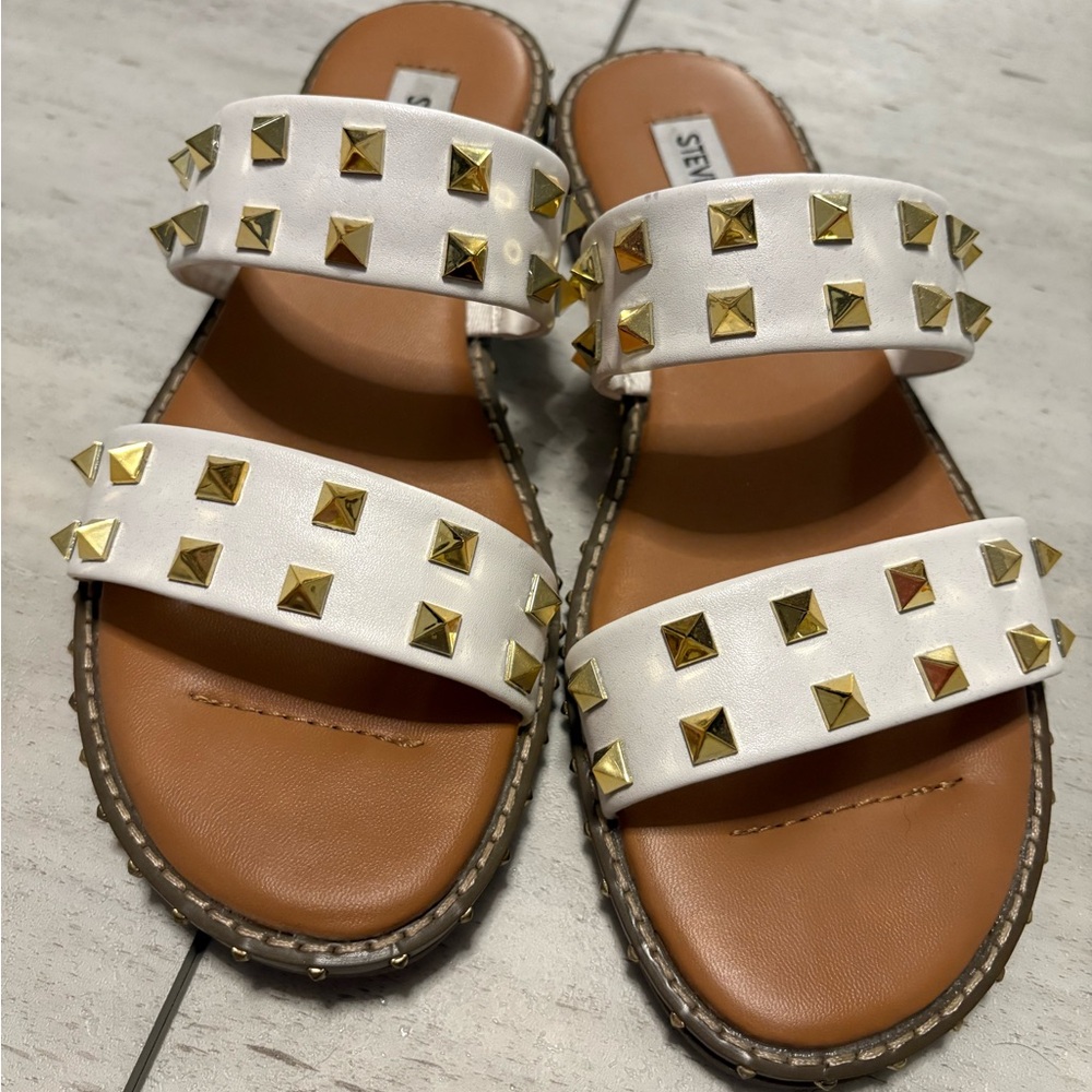 Steve Madden White Sandals with Gold Studs
